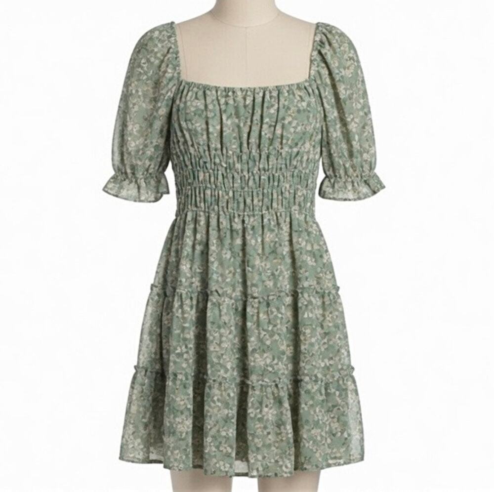 Francesca's Sage Green Floral Smocked Tiered Mini Dress XL NWT